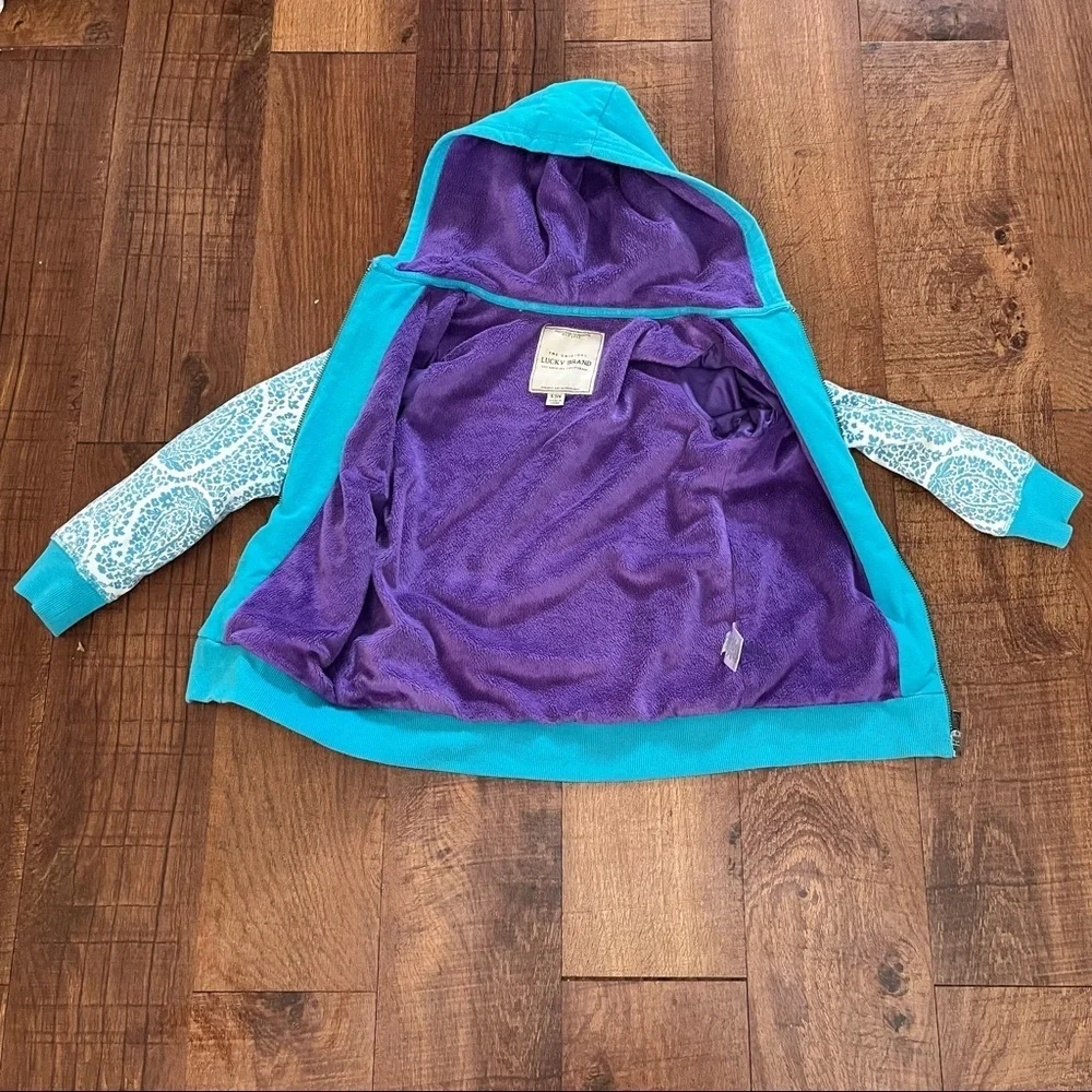 Lucky brand girls faux fur jacket Sz small 7/8 blue purple white pockets